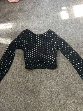 emory park Black Polka Dot Long-Sleeve open back Top